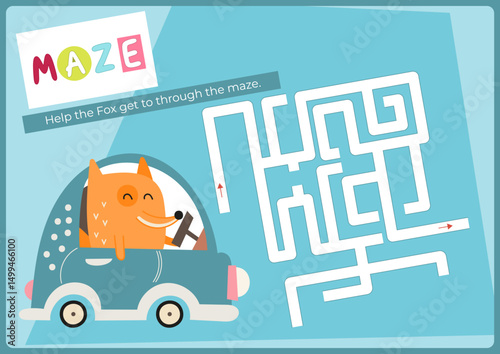 Animals Maze game for children. Help Fox on car find correct path in maze. Vector illustration. Labyrinth quest for kids. Flash cards format. Page for activity book.