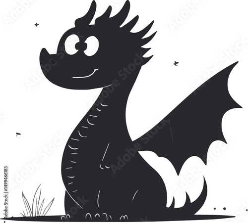 Cartoon black dragon illustration with fiery eyes and sharp claws.