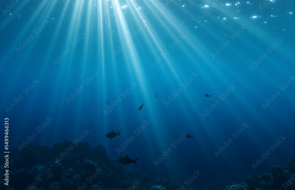 Fototapeta premium Underwater Scene with Sunbeams and Fish