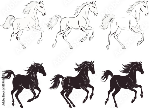 A diverse collection of horse and stallion silhouettes, captured in various poses and movementsA diverse collection of horse and stallion silhouettes, captured in various poses and movements.