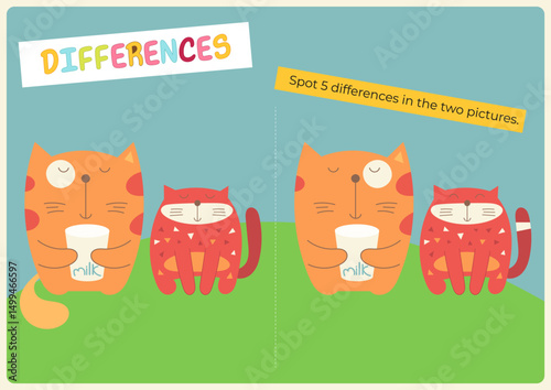 Animals activities for kids. Spot 5 differences in two pictures. Cute cats. Vector illustration. Activity flash card. Game to boost attention and focus.