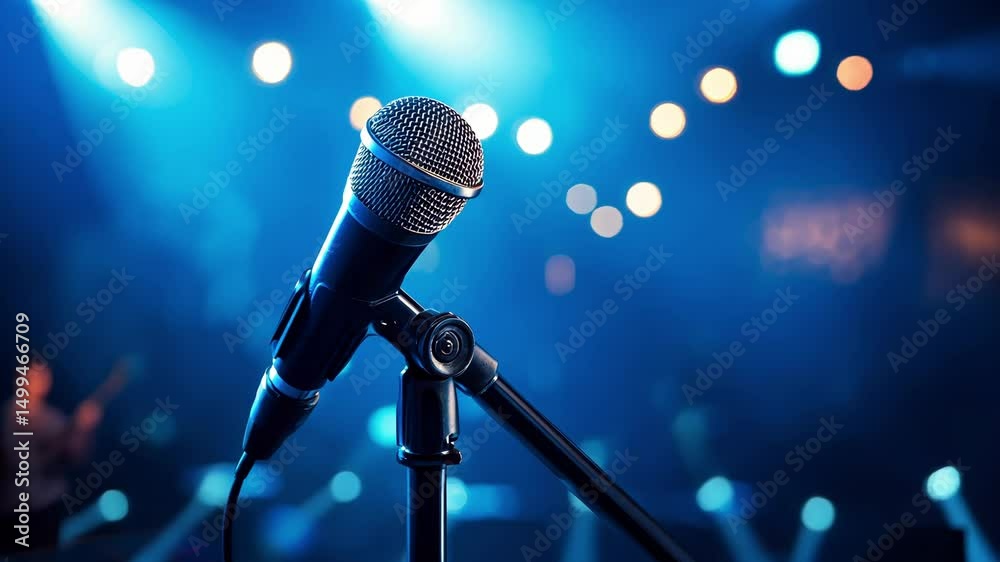 Professional microphone on a concert stage before the performance with blue lightning. Public speaking courses, stand-up, comedy show, stage fright. Festival, jazz club, concert or podcast background