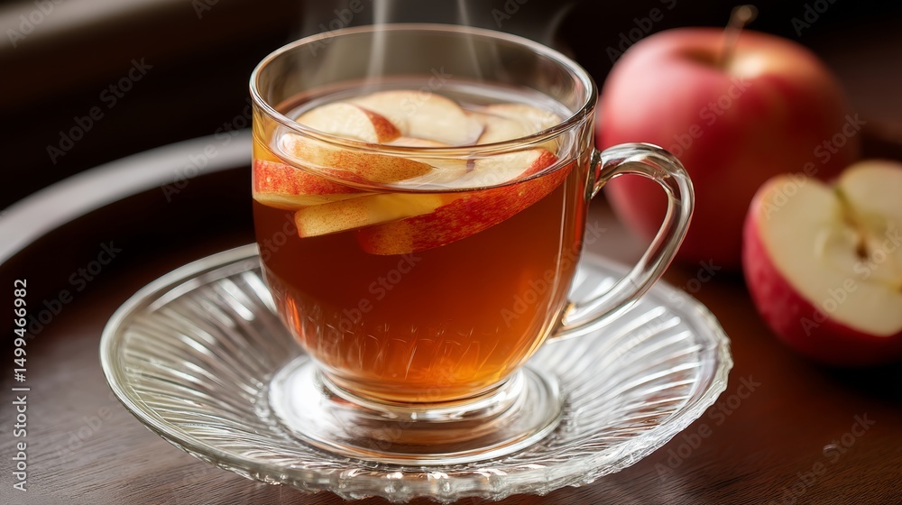 Cup of tea with apples floating in it sits on a wooden table. The apples are sliced and floating in the tea, creating a visually appealing and refreshing drink. Concept of relaxation and enjoyment Cup of tea with apples floating in it sits on a wooden table. The apples are sliced and floating in the tea, creating a visually appealing and refreshing drink. Concept of relaxation and enjoyment