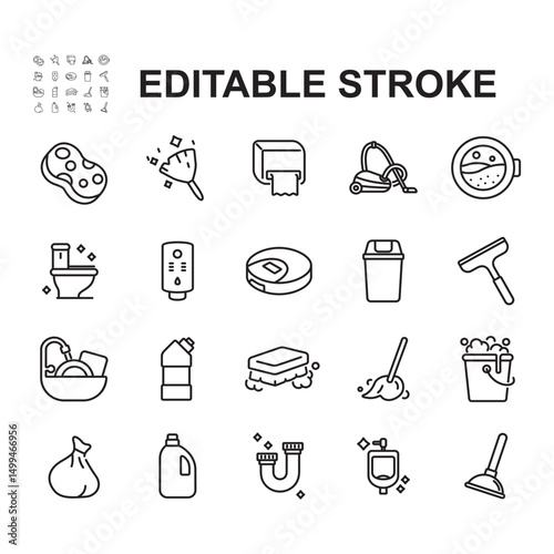 Collection of icons related to house cleaning. Thin line style vectors. Contains icons such as vacuum cleaner, dishwashing, tissue and more.