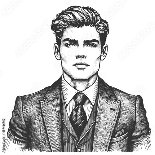 confident young businessman in a suit, featuring stylish hair and a serious expression sketch engraving generative ai fictional character vector illustration. Scratch board. Black and white image.