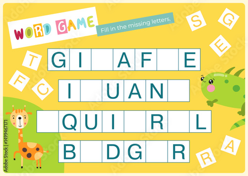 Word activities for Animals Activity Book. Kids game Find letter – Write missing letters in cells – giraffe, iguana, squirrel, badger. Flash card for toddler and teacher. Vector illustration.