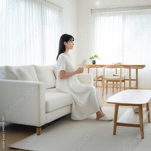 Cooling Down with a Portable Fan in a Japanese-Style Home
Peaceful Afternoon in a Muji-Inspired Interior
Asian Woman Enjoying Comfort in Modern Home