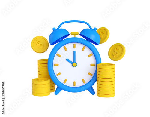A blue alarm clock surrounded by stacks and floating gold coins, illustrating the concept of time and money