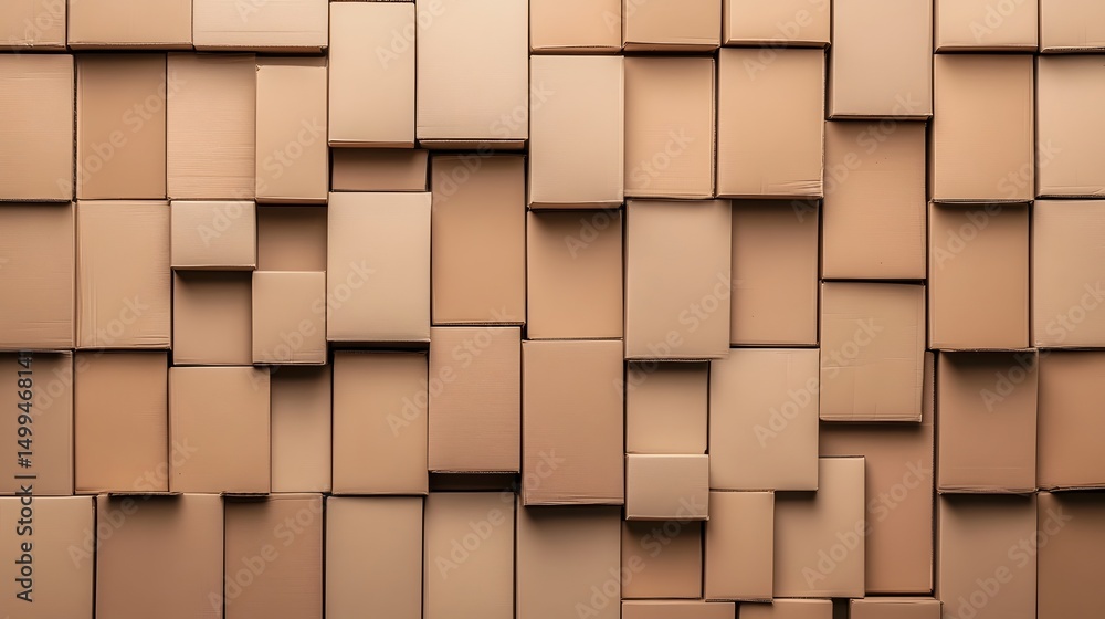 Naklejka premium Abstract wall of stacked cardboard boxes, creating a textured background.