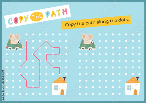 Animals activities for kids. Copy the path for elephant. Logic games for children. Vector illustration. Flash card for activity book.