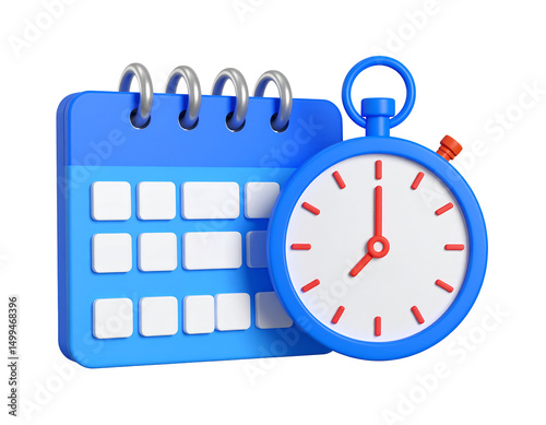 3D render of a blue calendar and stopwatch, symbolizing time management and scheduling
