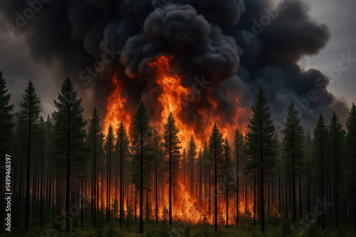 Intense forest wildfire engulfing tall trees with massive flames and thick dark smoke rising into cloudy evening sky