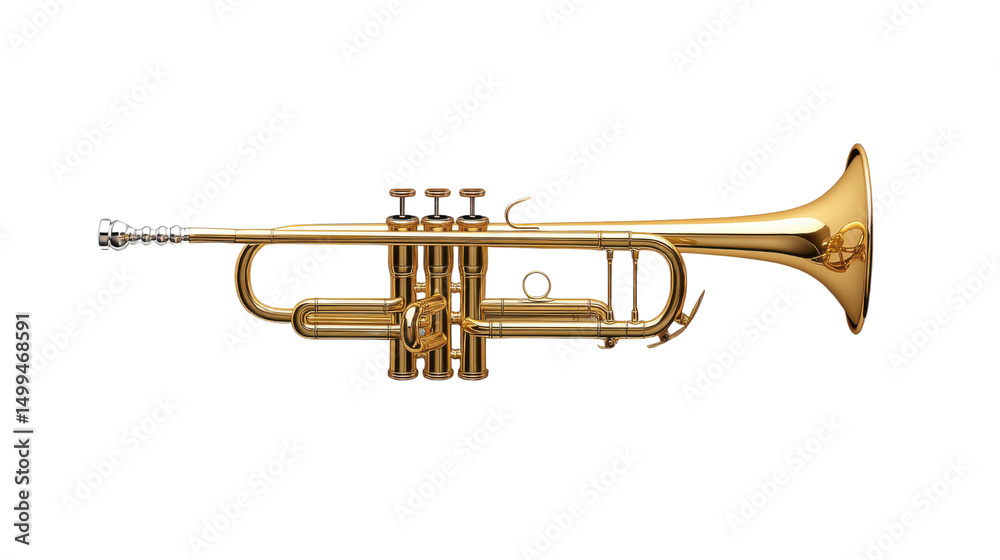 Obraz premium Shiny Brass Trumpet Musical Instrument with Detailed Valves and Mouthpiece Isolated on White Background