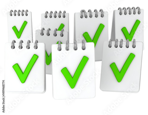A stack of small notebooks displaying green checkmarks, symbolizing completion and task achievement