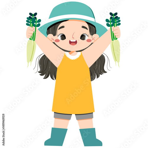 Adorable asian girl hold radish in both hands in farmland in harvest moon