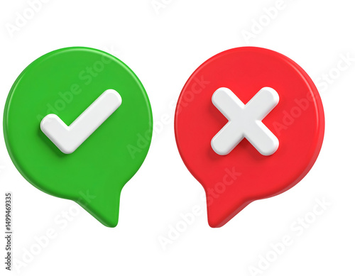 3D rendered green checkmark and red cross in speech bubbles
