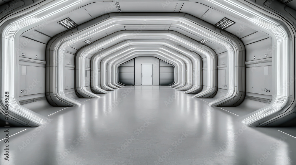 Obraz premium Futuristic corridor white illuminated modern sci fi tunnel clean symmetrical empty sleek metallic bright
