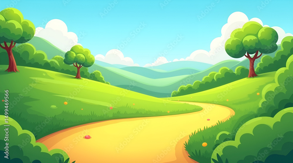 Obraz premium Vibrant Cartoonish Landscape with Rolling Green Hills and a Path
