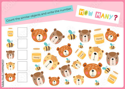 Cute  Animals activities for kids. How many bear, bee, honey puzzle. Count the number of objects. Vector illustration. Flash card for activity Book. Math game for learning counting.