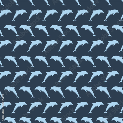 Seamless pattern with light blue dolphins leaping on deep navy blue background. Playful and marine-themed design for textiles and backgrounds. Vector marine cute baby seamless pattern