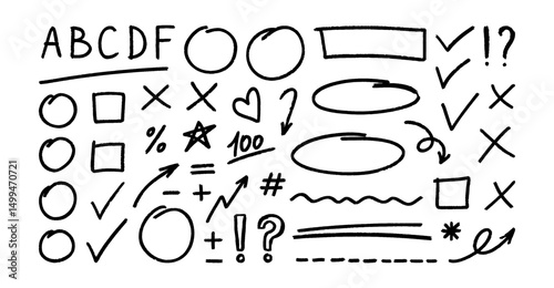 Grading doodle set, hand drawn elements. Black grades simple elements - grades results, frame accent line, plus and minus signs, check mark and cross mark, underlines, arrows. Knowledge testing, exam.