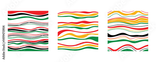 Set of three abstract background designs with flowing, wavy lines in Pan-African colors. Modern, dynamic Juneteenth pattern lines for banners, posters and textures. Vector border lines for Freedom Day