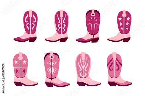 Pink cowboy boot illustration set. Classic leather cowgirl boots. Wild West. Set of simple pink cowgirl shoes, flat vector illustration isolated on white background. Texas rodeo, western theme.