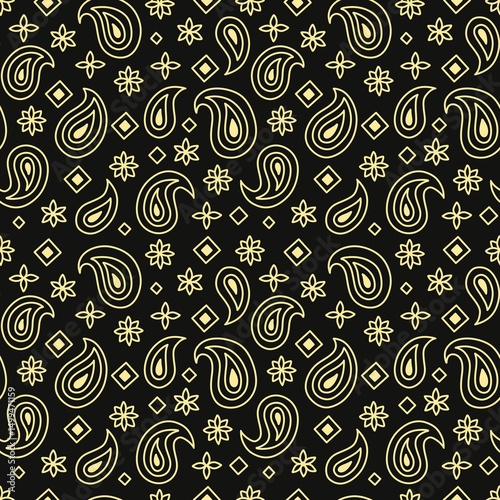 Seamless pattern with golden outlined paisley shapes, stylized flowers, and diamonds on black background. Elegant and stylish design for luxury textile, fabric, covers. Doodle paisley pattern.