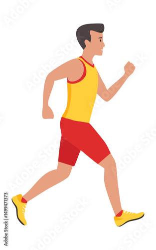 man running in yellow shirt and red shorts