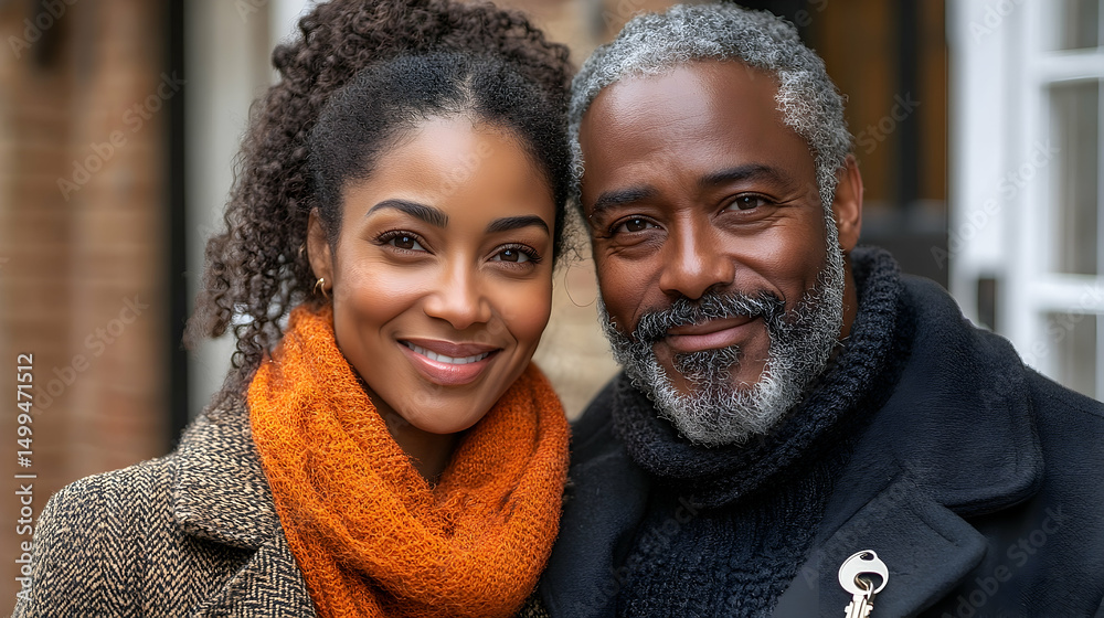 Loving, smiling couple, embracing in front of a brick building, warmly lit and holding new house keys