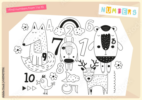 Animals math activities for kids. Find numbers from 1 to 10. Vector illustration. Flash card for Activity Book.