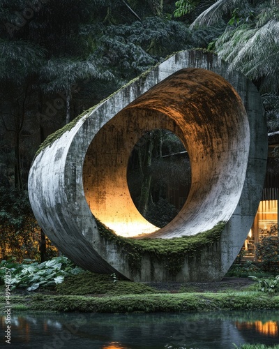 A large, moss-covered concrete toroid sculpture glows from within, situated in a lush, dark green garden beside a calm pond at twilight