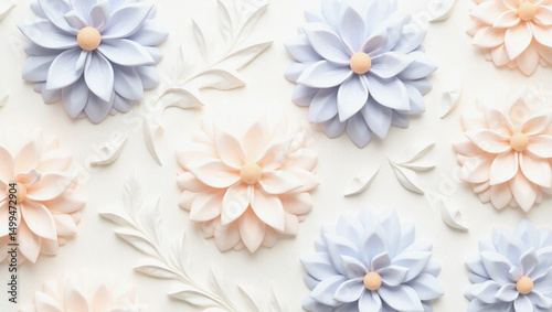 Wallpaper Mural Pastel Floral Arrangement: Delicate pastel-colored flowers arranged in a symmetrical pattern on a textured background, creating a soft and elegant visual.  Torontodigital.ca