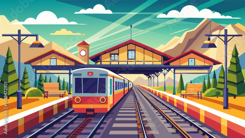 Colorful cartoon railway station with arriving train, mountain backdrop, platform benches and station building under a clear sky