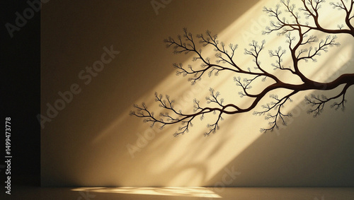 Wallpaper Mural Sunlit Serenity: A captivating image that shows branch silhouette cast by a bright sunlight on a smooth wall, creating a serene environment. Torontodigital.ca