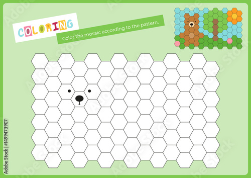 Cute animals activities for kids. Copy the picture in mosaic – bear. Logic games for children. Coloring page for activity book. Vector illustration. Flash card.