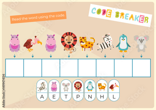 Animals activities for kids. Read the hidden word using the code – elephant. Logic games for children. Vector illustration. Flash card.