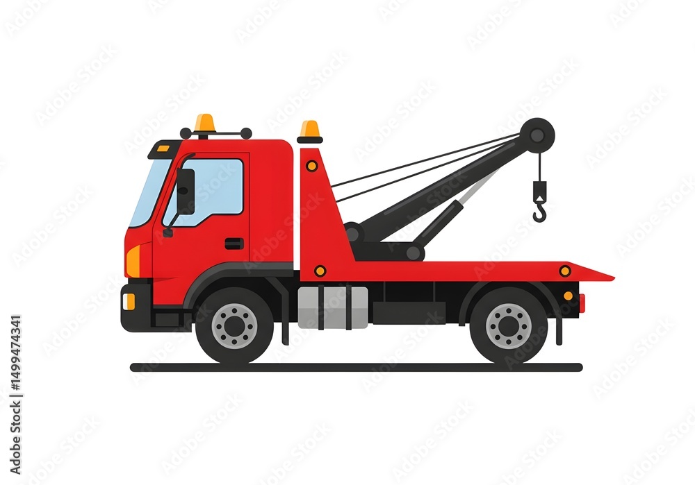Naklejka premium Illustration of a red tow truck with a black crane arm on a white background side view