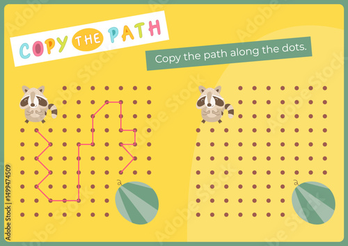 Animals activities for kids. Copy the path for Raccoon. Logic games for children. Vector illustration. Flash card for activity book.