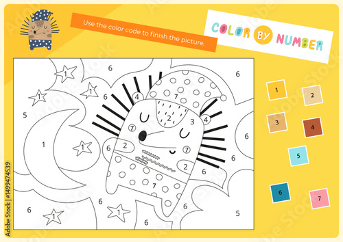 Color by number – cute sleeping hedgehog. Animals Activities for kids.  Coloring page for activity book. Vector illustration. Logic Game for boost of fine motor skills, thinking, attention, learning o