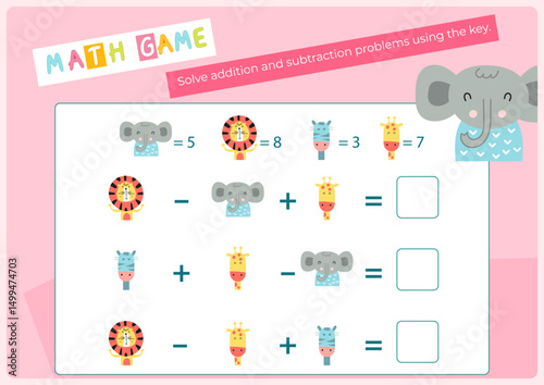Activities for kids. Solve arithmetic problems using the key. Vector illustration. Flash card. Math game for learning counting. Game for activity book.