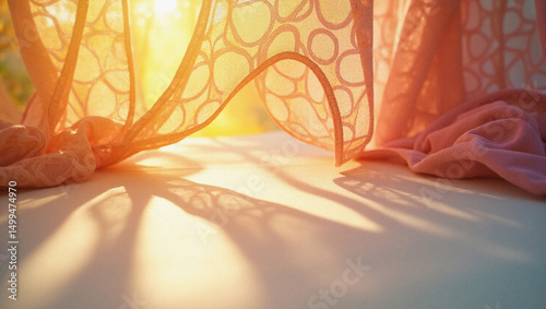 Wallpaper Mural Sunrise Through Curtains:  Warm sunlight streams through gently parted sheer curtains, casting a soft, golden glow across a room.  The scene evokes a feeling of peace and tranquility.  Torontodigital.ca