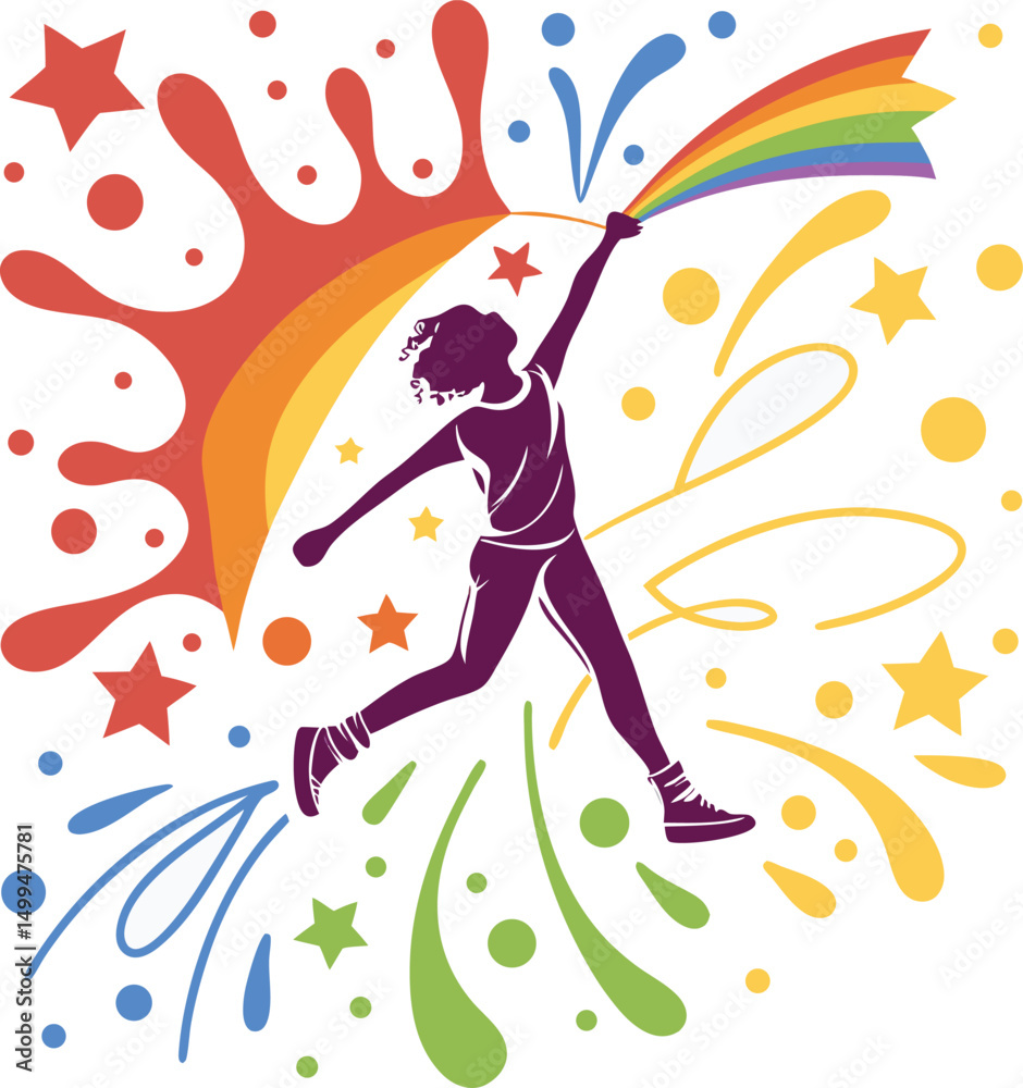 Dancing girl silhouette in the rain with a pink flower umbrella, a joyful vector art illustration Dancing girl silhouette in the rain with a pink flower umbrella, a joyful vector art illustration