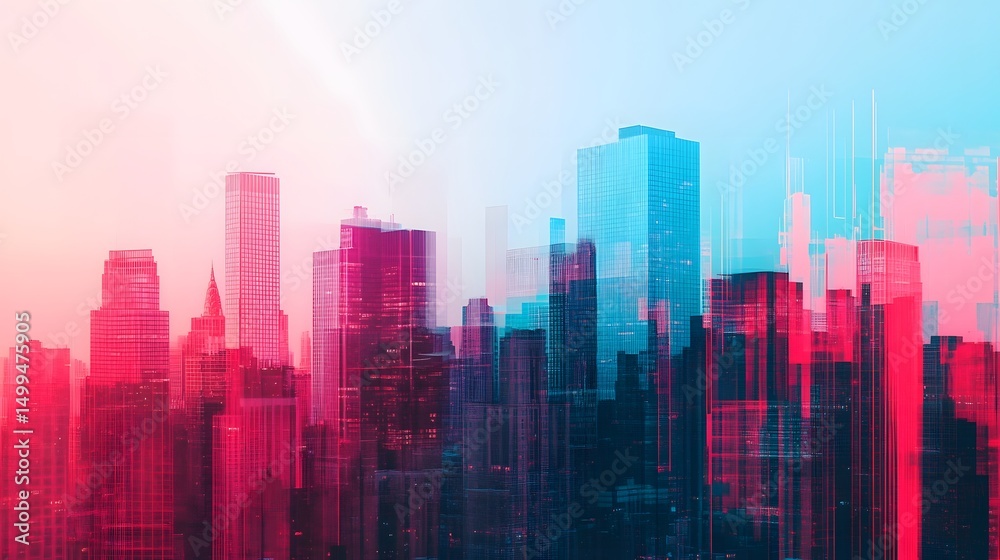 Fototapeta premium Futuristic city skyline with a digital grid overlay