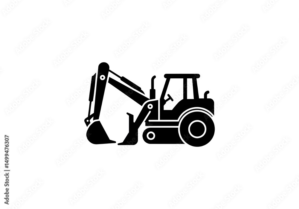 Naklejka premium A black silhouette of a backhoe tractor on a white background in a graphic design style image