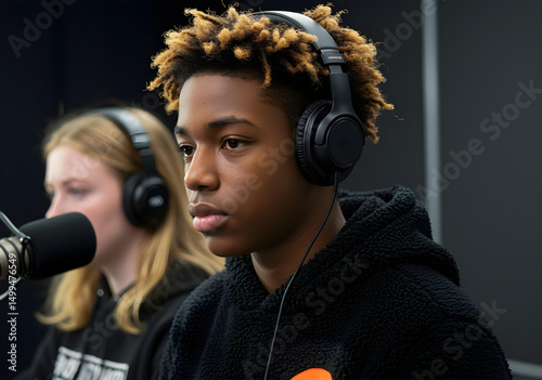 Black teenage boy wearing black headphones and sherpa hoodie close-up portrait with serious expression, soft lighting, blurred background and gamer streamer vibe