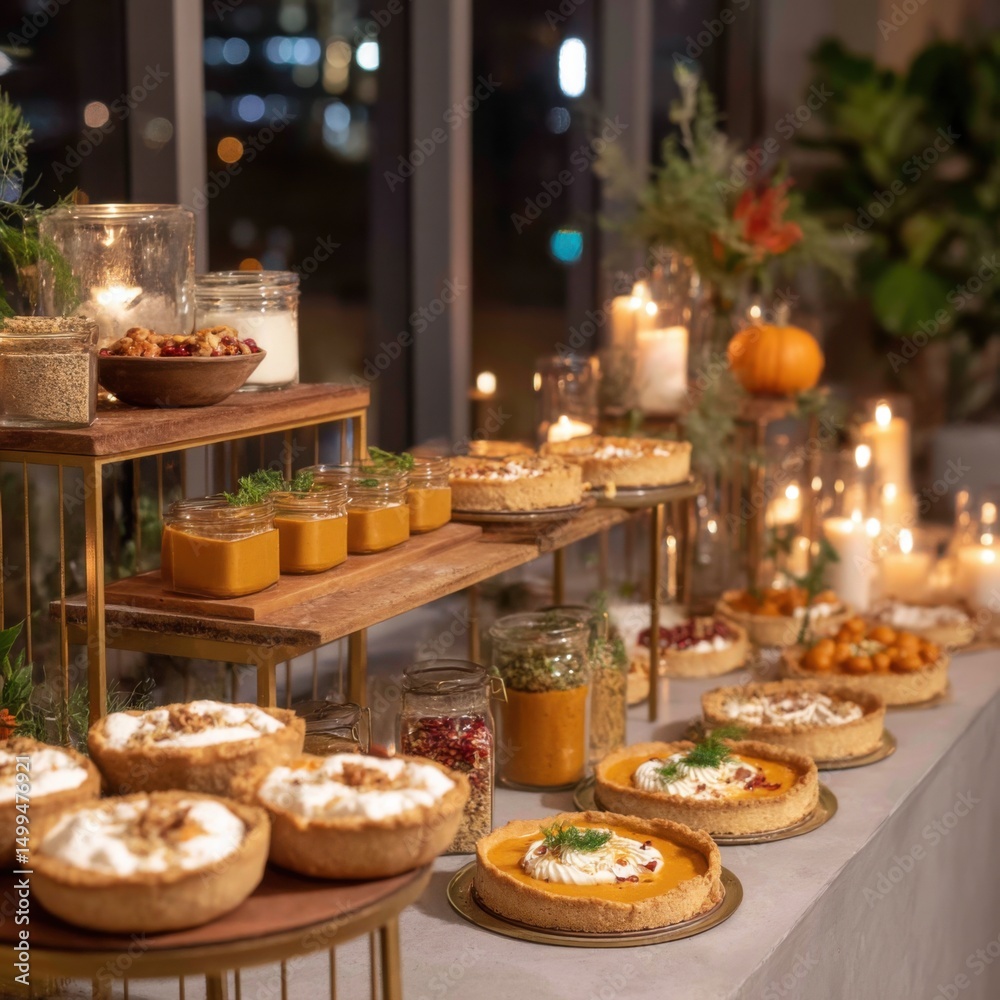 Naklejka premium Elegant Dessert Table at Evening Event Featuring Pumpkin Pie Tarts and Jars of Ingredients in Warm Light