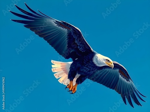 A majestic blue eagle, its plumage a vibrant sapphire, soars gracefully against a backdrop of a cloudless cerulean sky.  Sharp talons, tipped with a silvery sheen, grip the air.  Powerful, wide wings.