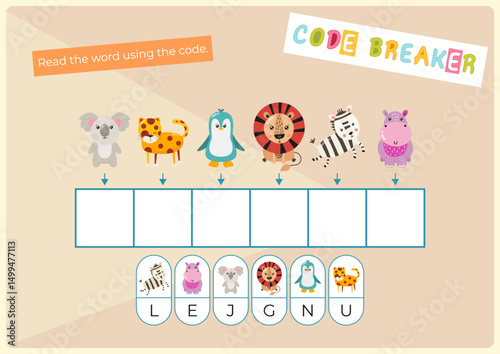 Animals activities for kids. Read the hidden word using the code – jungle. Logic games for children. Vector illustration. Flash card.