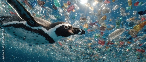 Underwater struggles a penguin amidst plastic pollution